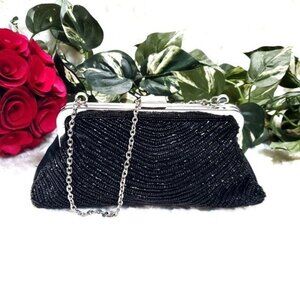 Vintage Black Glass Beaded Evening Clutch Purse Bag